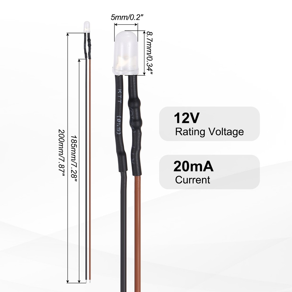 50pcs 5mm LED Diode Lights, Warm White Light DC 12V for Electronics