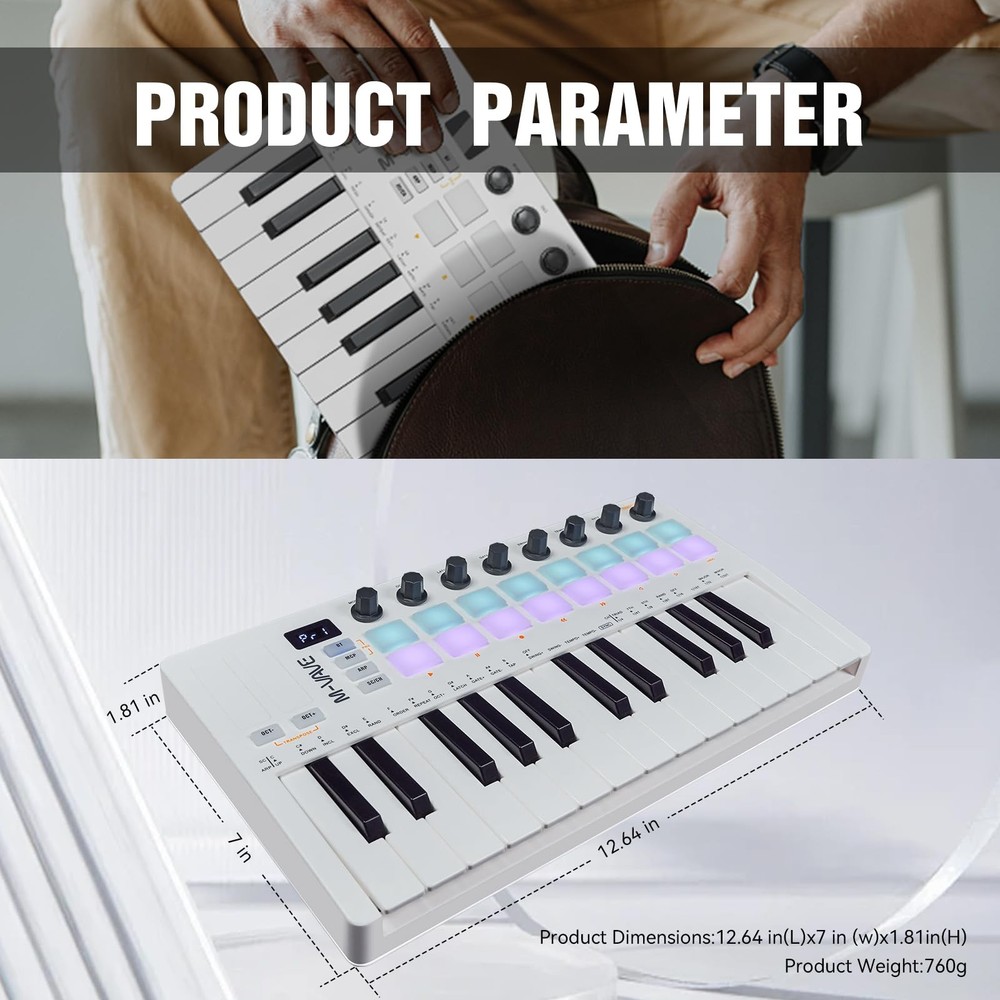 25 Key USB MIDI Keyboard Controller Wireless Bluetooth 16 Backlit Drum Pads, ...