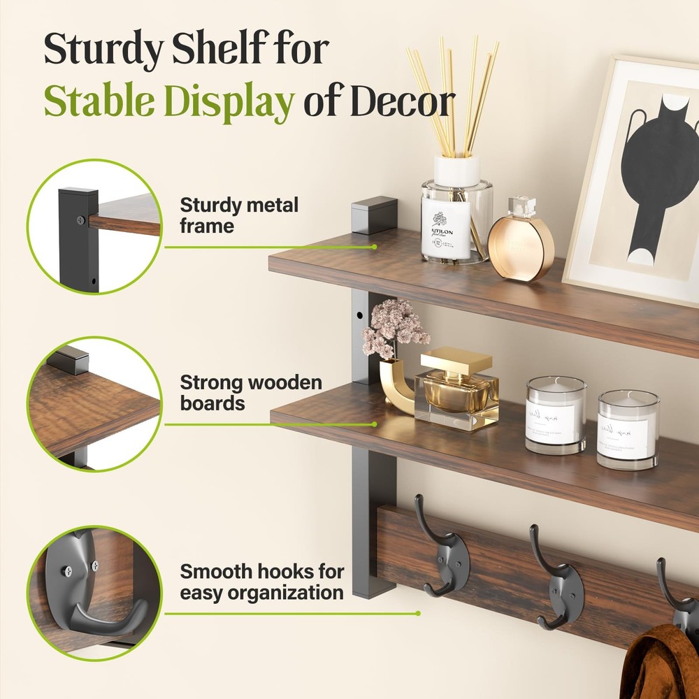 Two-Tier Wall Shelf with Hooks, 17" Coat Rack Wall Mount with Shelf, Key Hook...