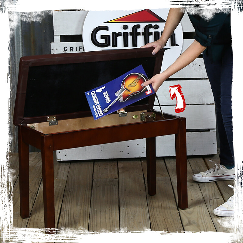 GRIFFIN Brown Leather Piano Bench Wood Keyboard Seat Music Storage Guitar Stool