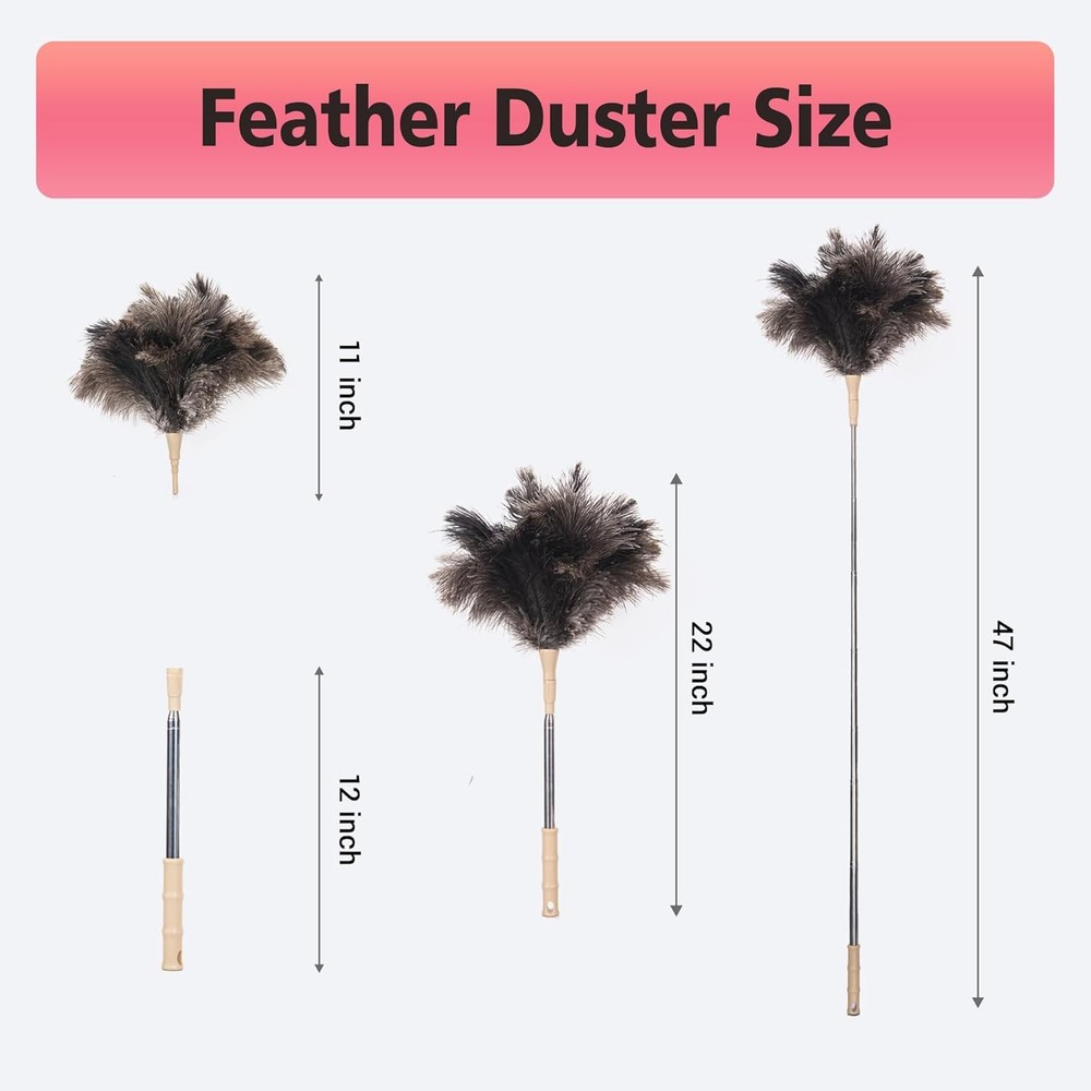 Extendable Ostrich Feather Duster 47" Long Handle Soft Reusable Cleaning Tool.