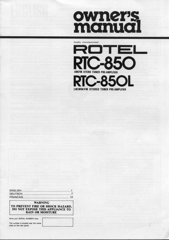 Rotel RTC-850 Tuner Owners Manual