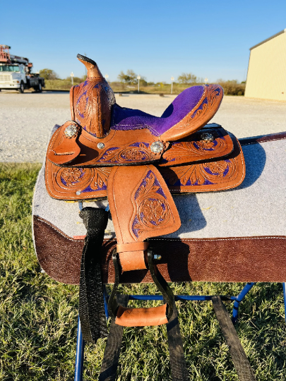 Youth Western Barrel Saddle | Floral Tooled | 8 " -Pink/Purple/Turquoise/Brown