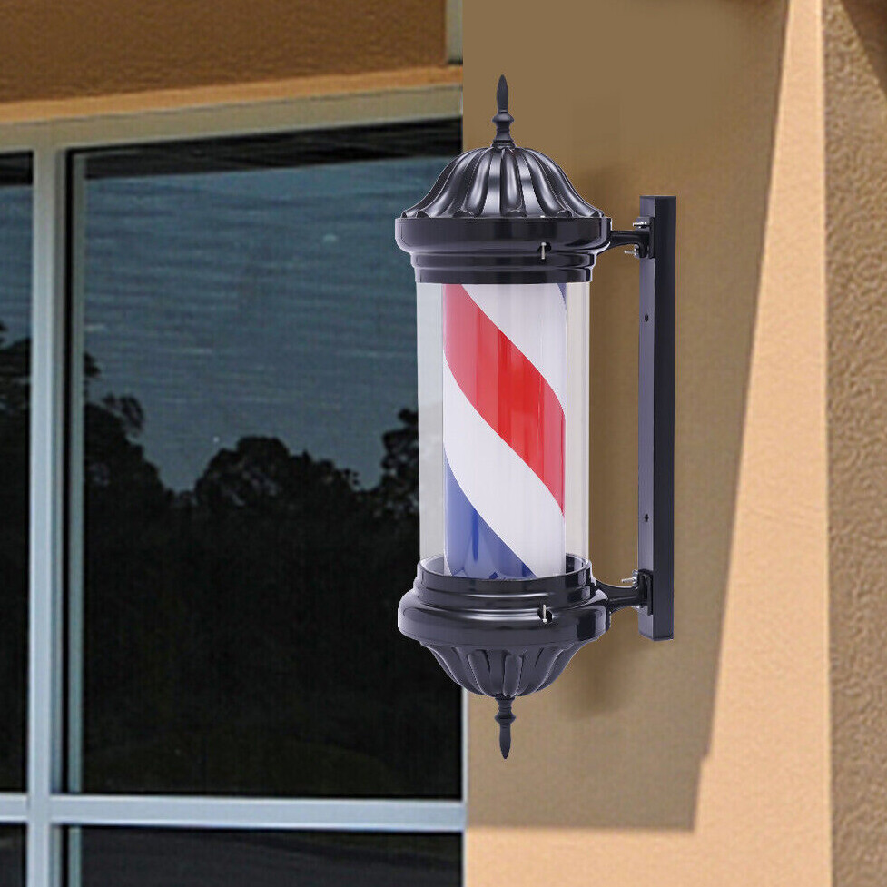 Barber Pole LED Light Red White Blue Rotating Stripes Metal Hair Salon Shop Sign