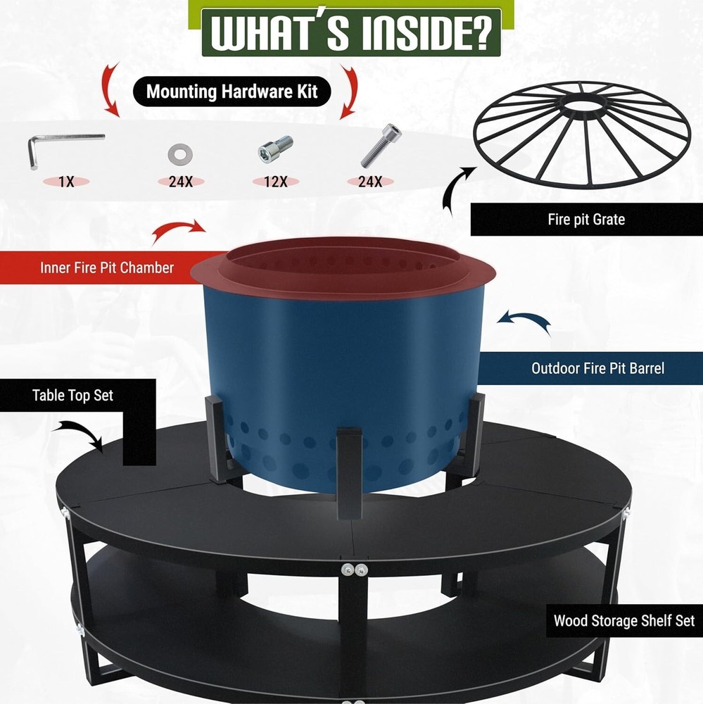FEBTECH 21.6" Smokeless Fire Pit with Round Tabletop & Firewood Storage Shelf