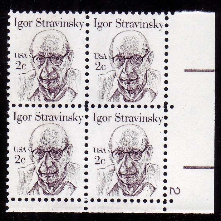 #1845 IGOR STRAVINSKY. MINT PLATE BLOCK. F-VF NH!