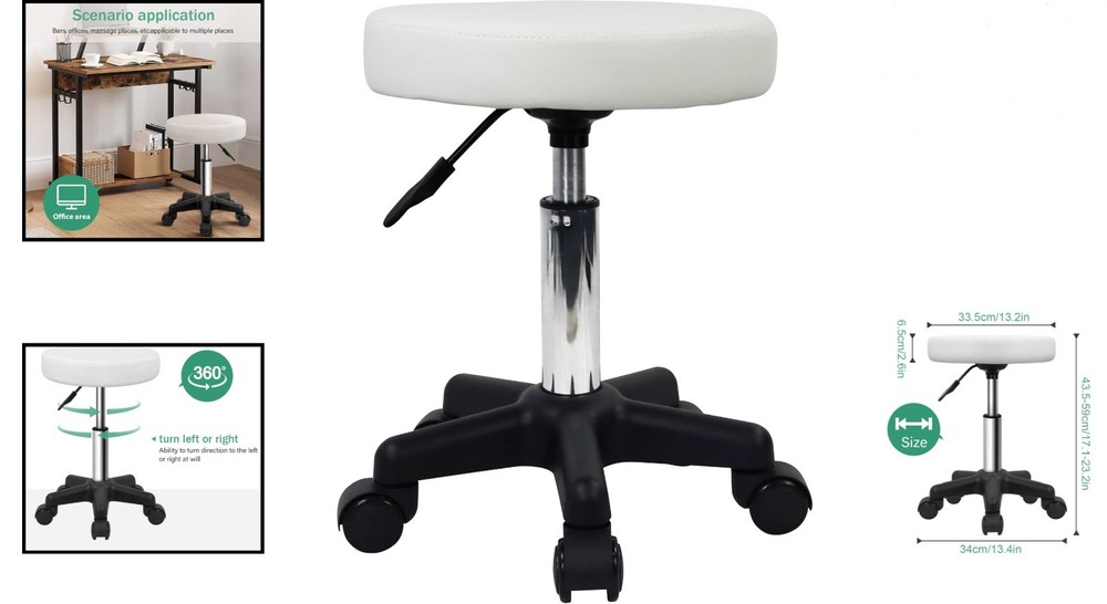 Versatile White Rolling Stool: Compact & Adjustable for Spa and Kitchen Use