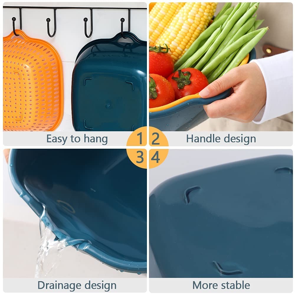 Blue Yellow Vegetable Washing Baskets Multi-Layer Stackable Colander Set Tool