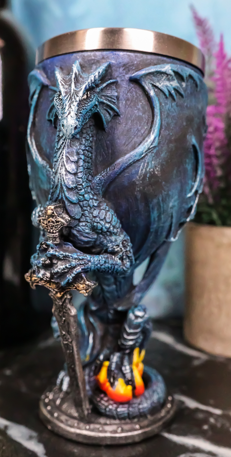 Ebros Blue Divine Fire Winged Dragon Sword Wine Goblet Decor