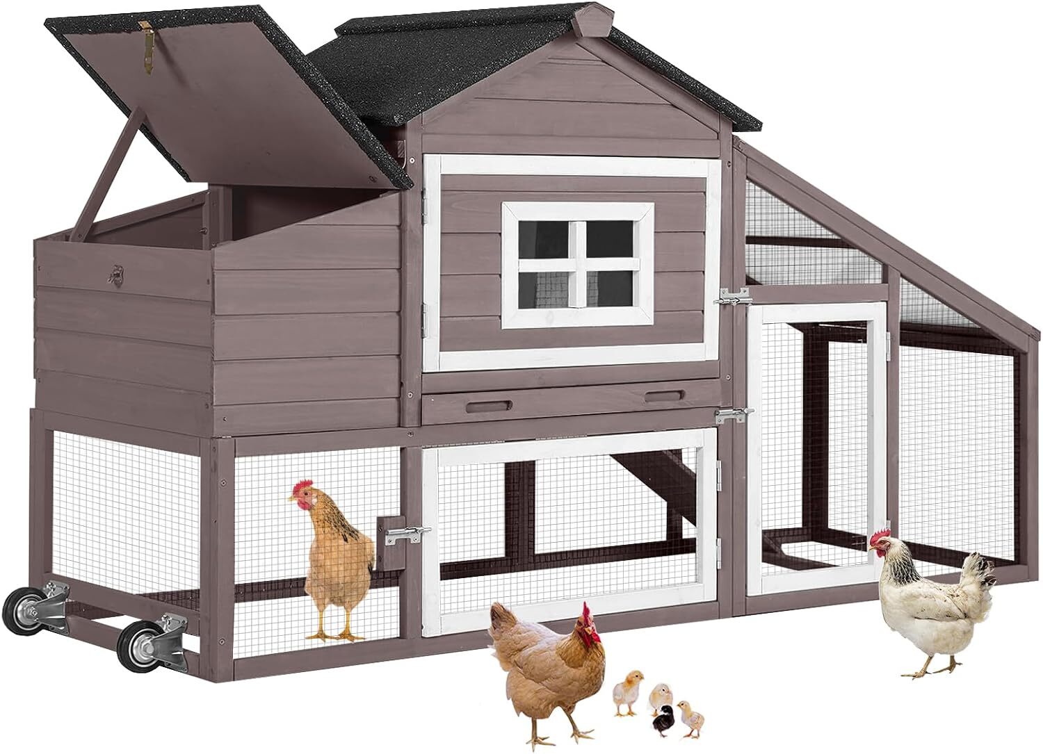 Aivituvin Chicken Coop Outdoor Wooden Poultry Cage Mobile Hen House with Wheels