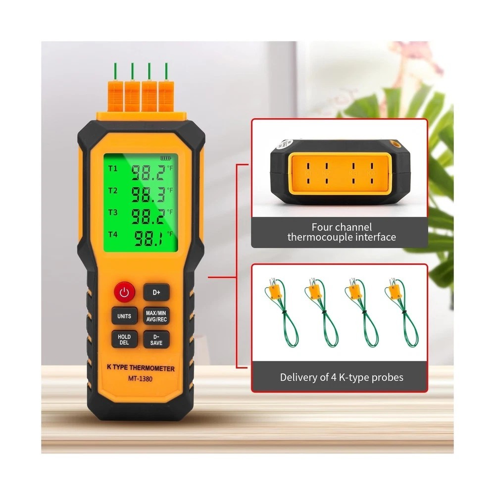 4-Channel K-Type Temperature Thermometer with LCD Backlight Measurement Range...