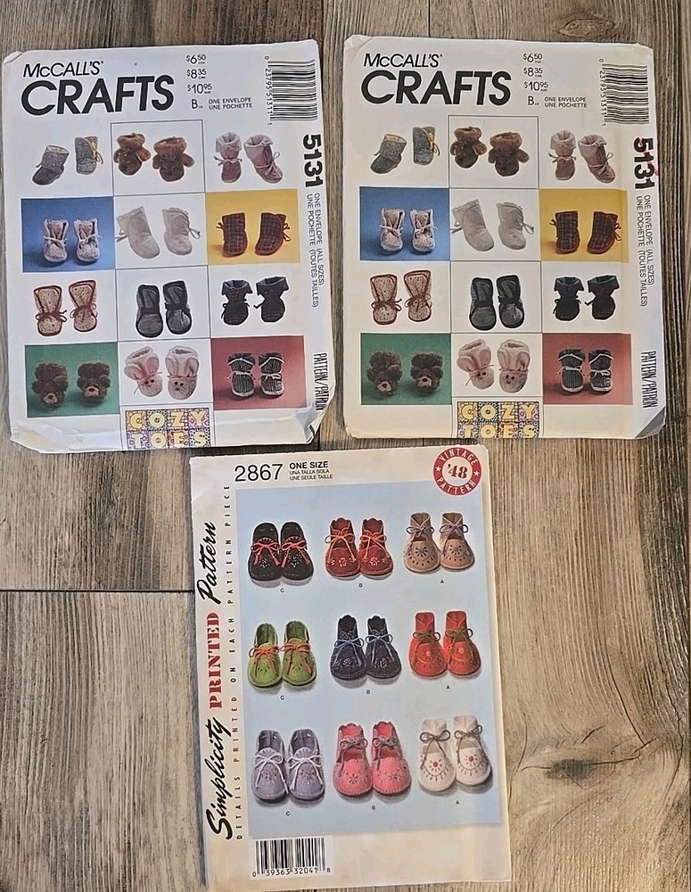 3 Uncut Pattern Booties Pattern for Doll / Baby  McCalls 5131 2864 Simplicity