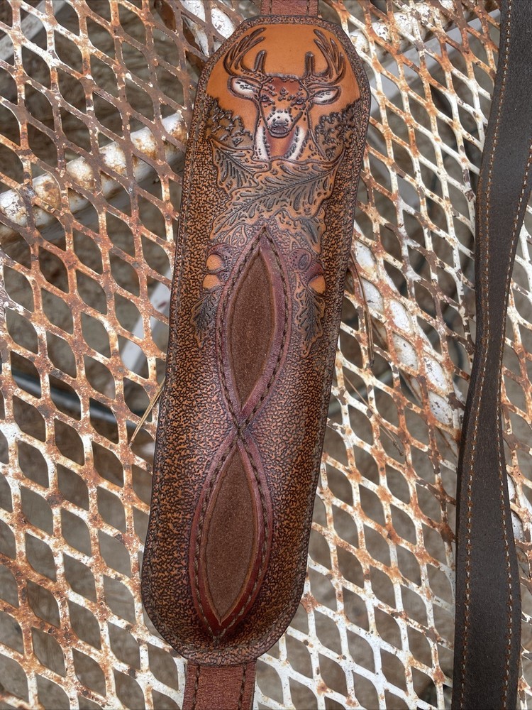 Hunter Rifle Padded Sling Deer Acorn Pattern, Tooled Leather