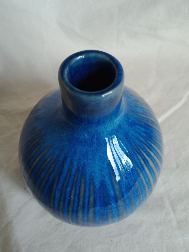 Vibrant, Unique Ceramic Bulb Vase, Blue with Grey Vertical Stripes. 