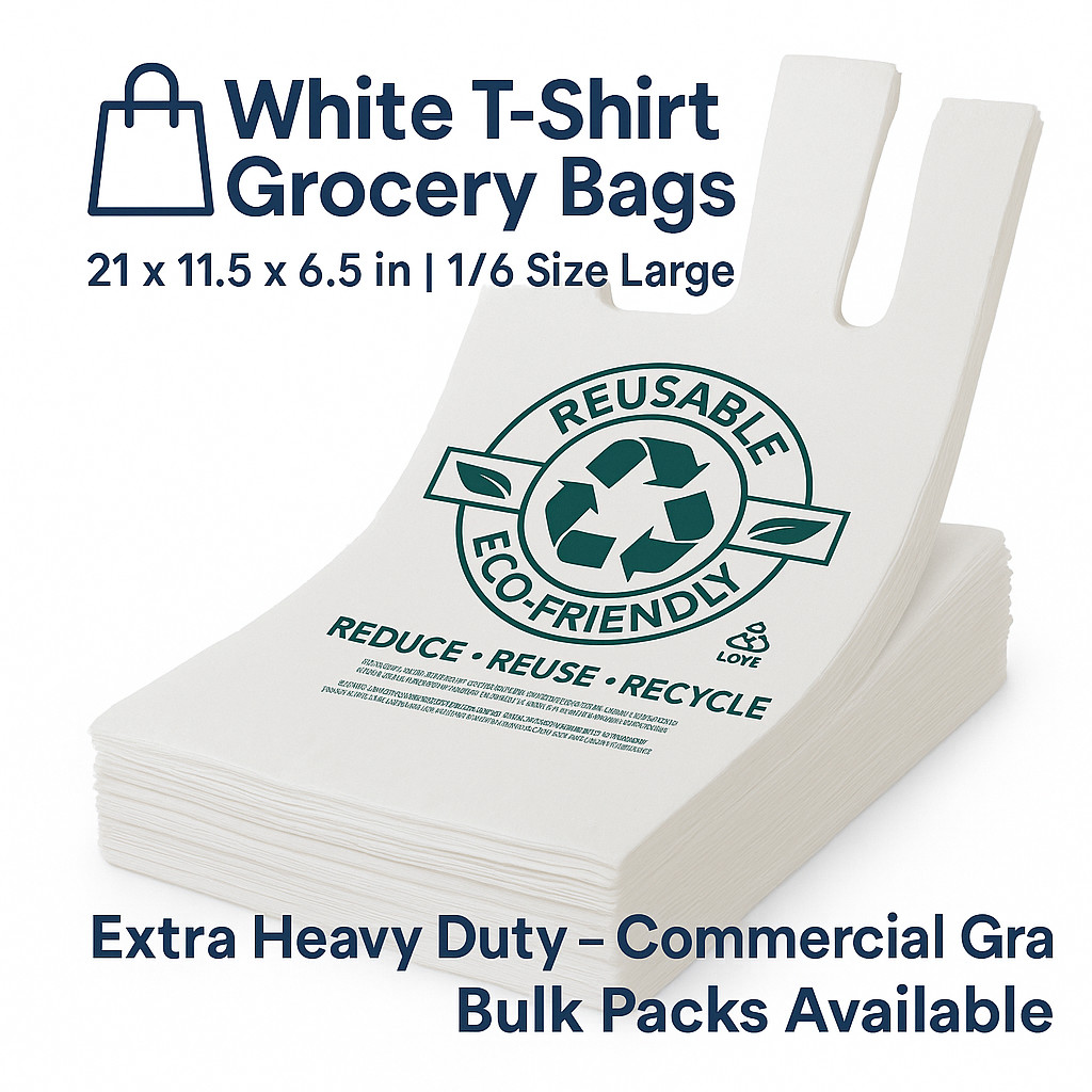 White T-Shirt Grocery Bags 1/6 Large – Extra Heavy Duty 21x11.5x6.5 – 2.25 Mil