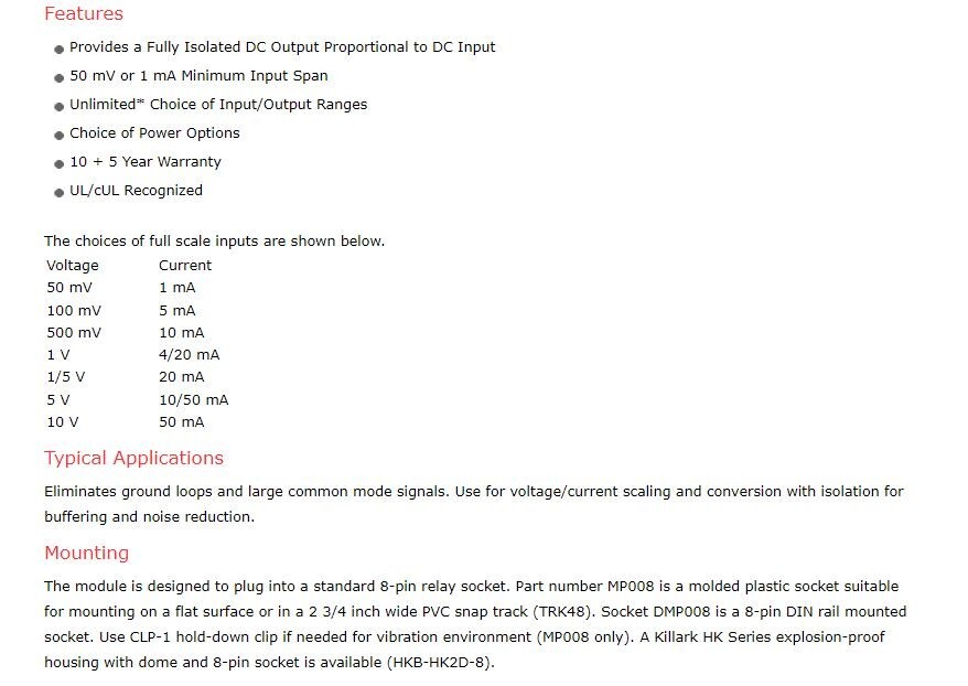 DC INPUT ISOLATED TRANSMITTER , MM4300 , MIGHTY MODULE , WILKERSON , 0/5VDC