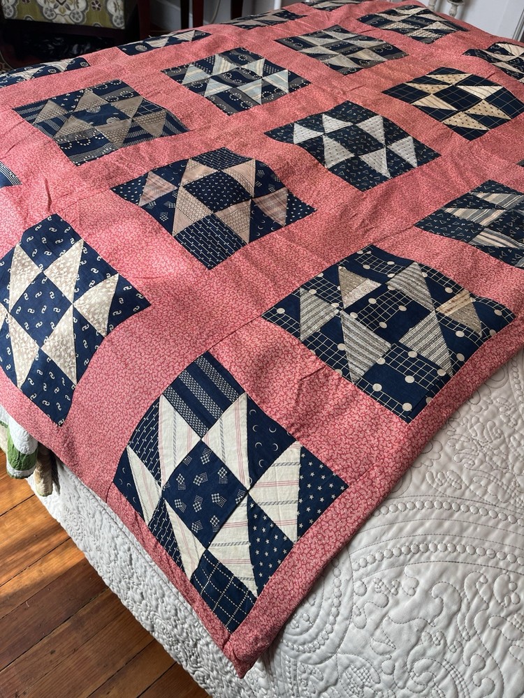 Vintage Handmade Quilt Indigo Pink Patchwork Bedspread