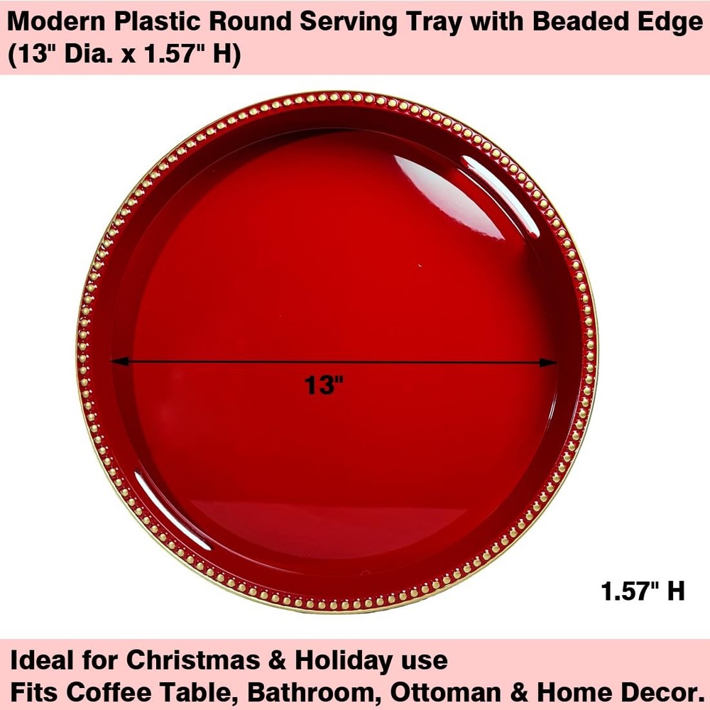 Red Decorative Tray for Coffee Table, Round Beaded Plastic Serving Tray forKi...