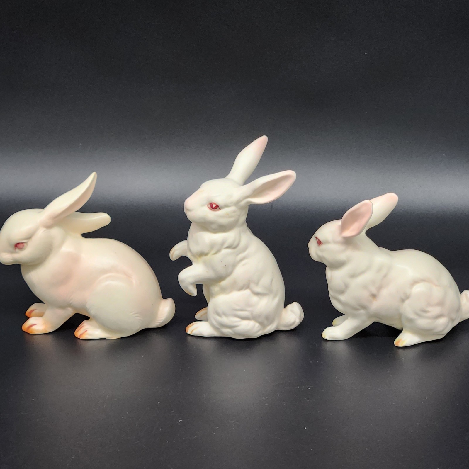 Set Of 3 Vtg Ceramic Lefton White Bunnies Rabbits H7143 & H880 Pink Eyes Easter