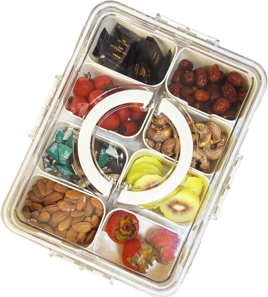 Divided Clear Snackle Box Container, Serving Tray with Lid & Handle