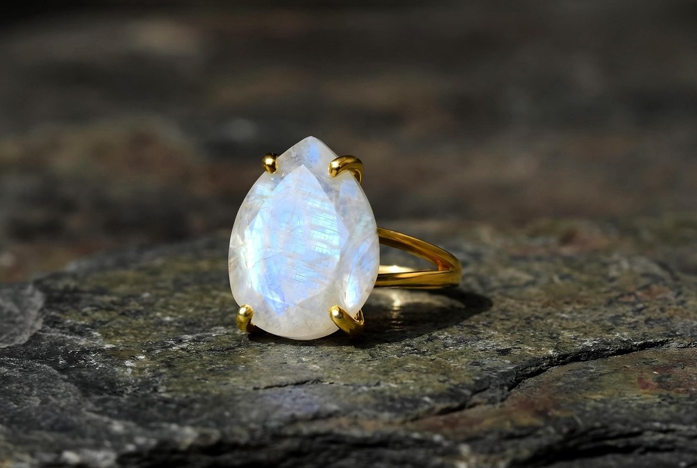 Rainbow Moonstone Ring Anemone 925 Silver Pear Shape Teardrop Gem