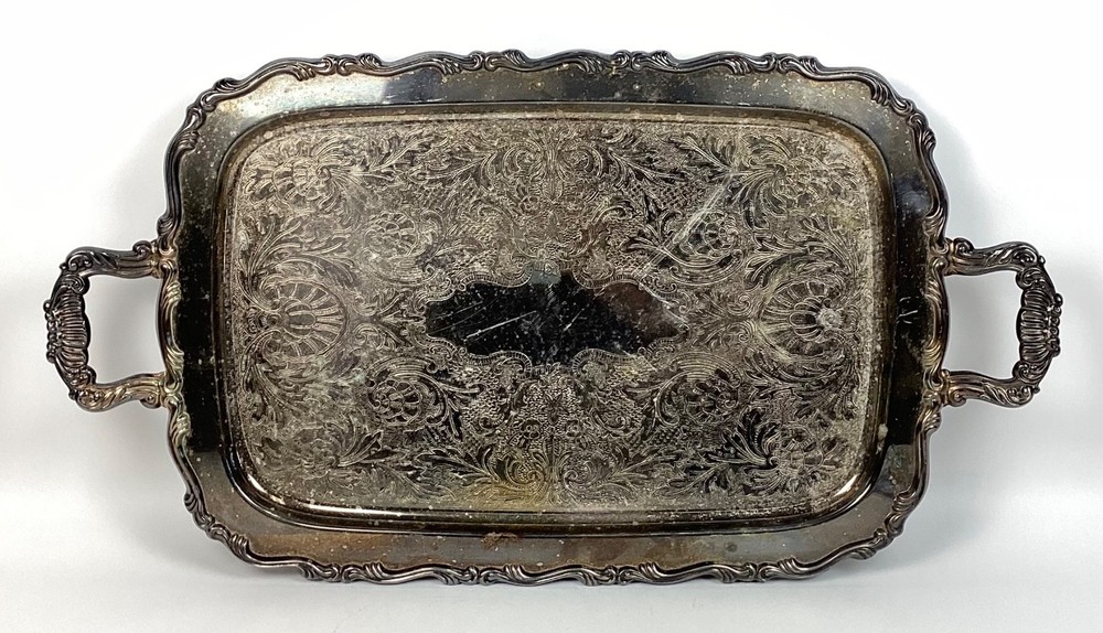 Large Vintage Footed Double Handle Silver Plated Serving Tray