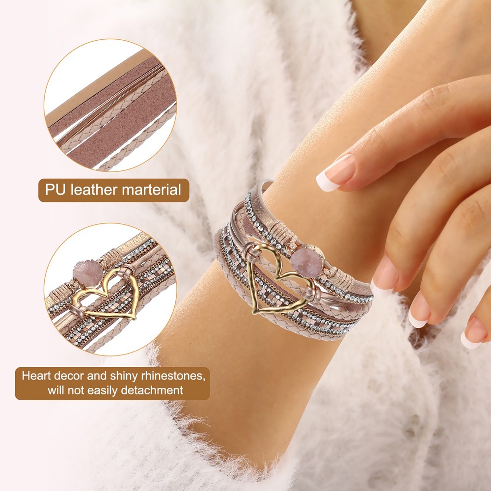 Heart Leather Wrap Bracelets Trendy Stackable Boho Cuff Bracelet Champagne