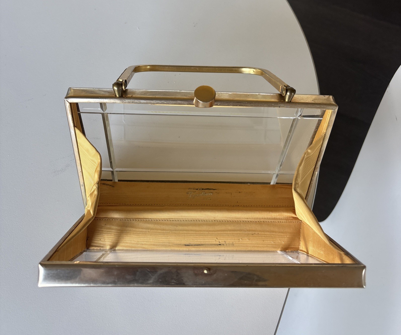 Vintage 1950s Tyrolean NY lucite and gold metal rhinestones box bag