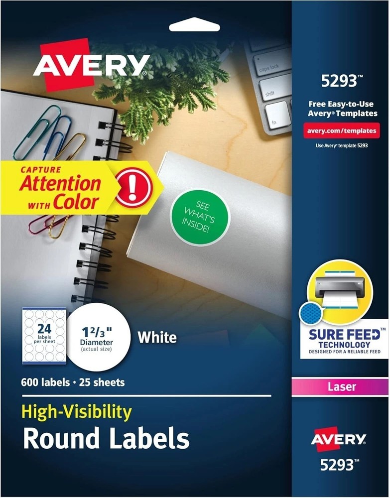 Avery High Visibility Round Label 1-2/3" Diameter 600Ct White Customizable Blank