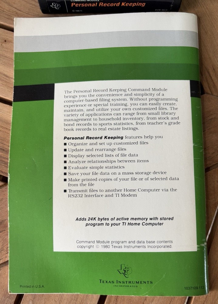 Personal Record Keeping for Texas Instruments TI99/4A Game & Command Module Book