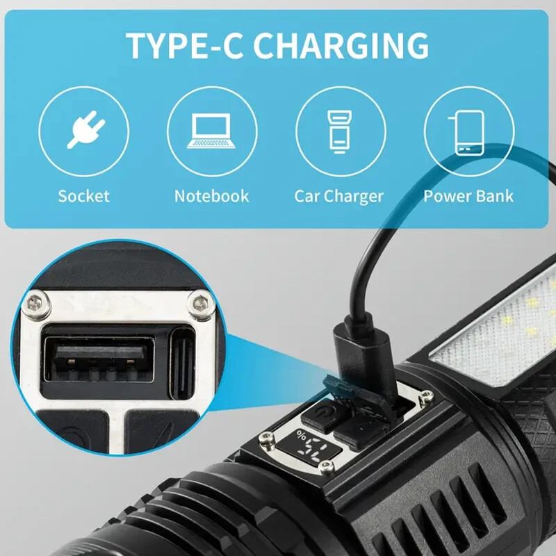 120000000Lumens Super Bright LED Tactical Flashlight USB Rechargeable Work Light