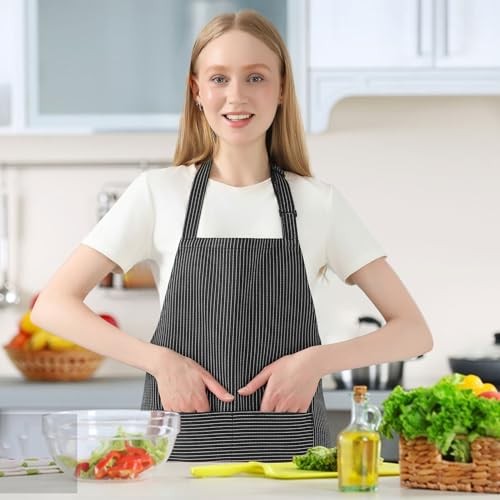 Poly-cotton blended striped apron, adjustable straps with two pockets, Red