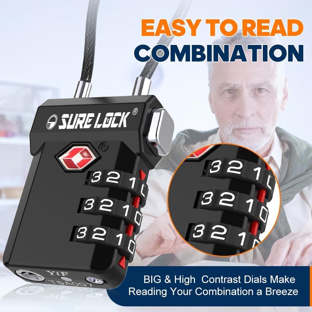 SURE LOCK TSA Approved 3-Digit Combination Luggage Locks – Extra long cable