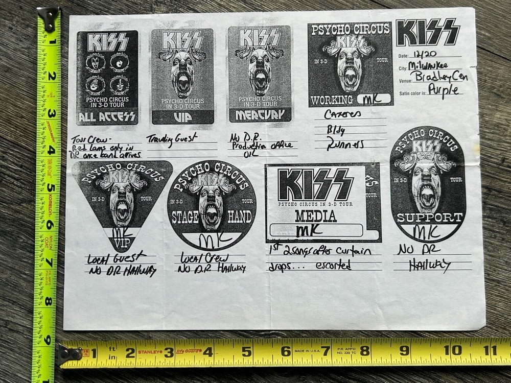 KISS Concert Backstage Sign Pass Guide Psycho Circus Tour Milwaukee Vintage Kiss