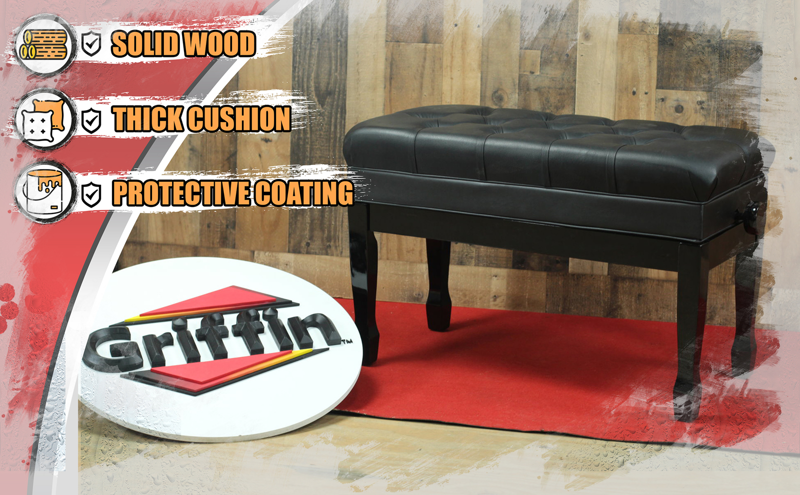 GRIFFIN Genuine Leather Duet Piano Bench Seat | Black Wood Keyboard Guitar Stool