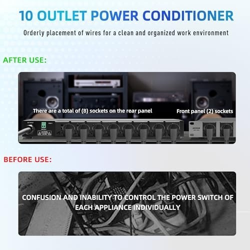 20A Rack Mount Power Conditioner, 10 Outlet Sequencer, 2000W Surge Protector, Vo