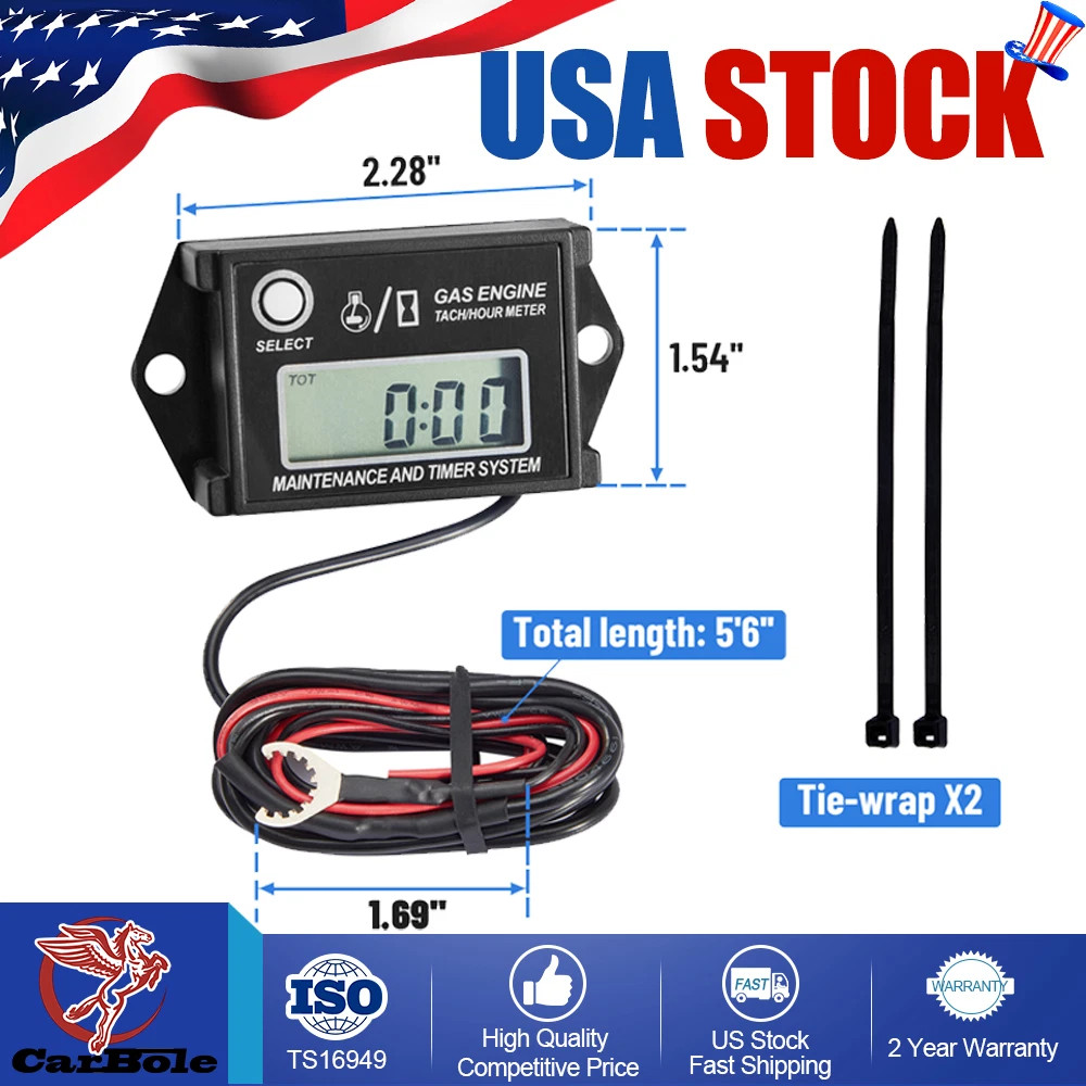 Waterproof  Digital Tiny Tach Meter Small Engine Tachometer Hour Meter Inductive