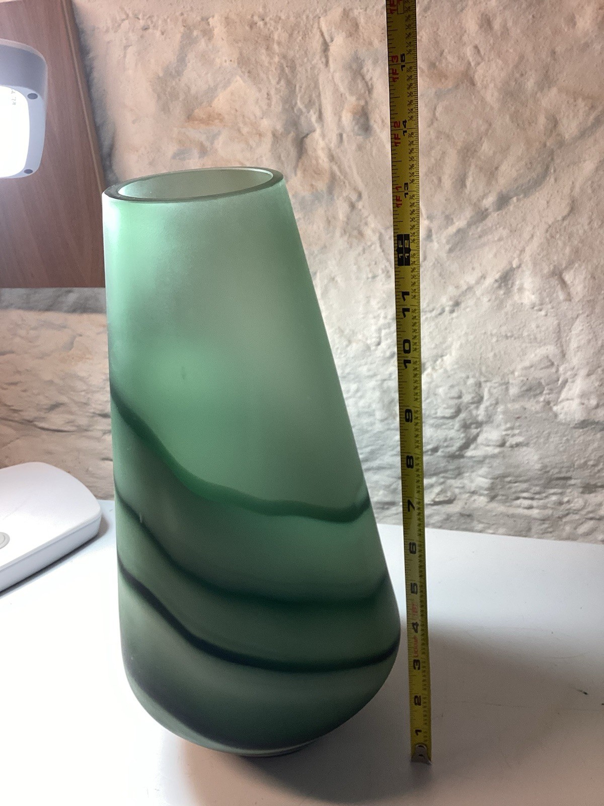 Beautiful Large Art Glass Vase Jade Green Wave Sandblasted Tall Sturdy 13.5 in