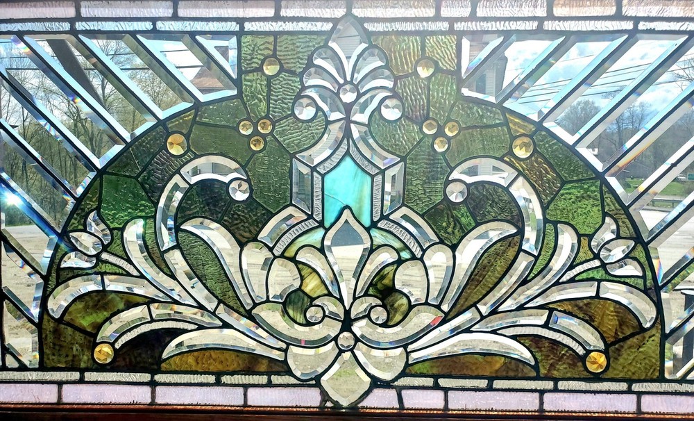 GREAT ANTIQUE STAINED BEVELED GLASS WINDOW
