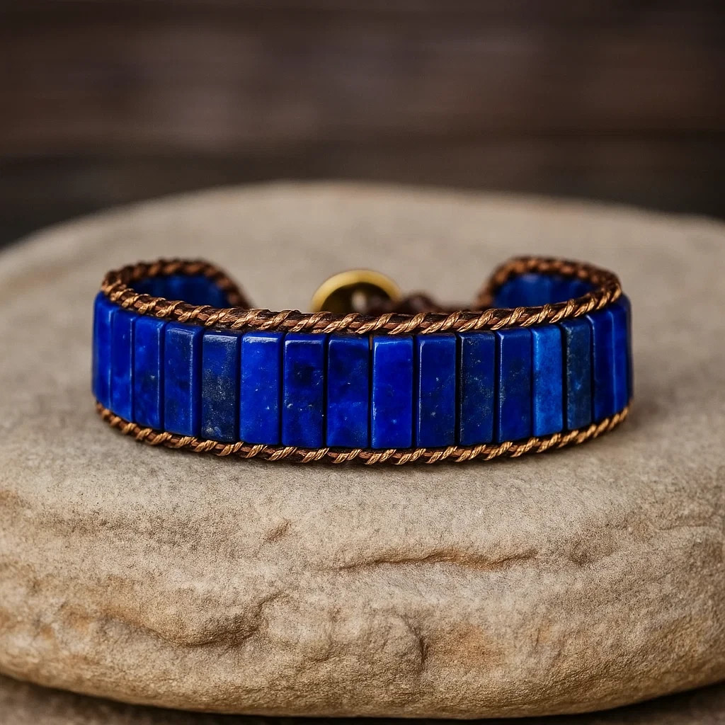 Natural Lapis Lazuli Tube Beads Genuine Leather Handmade Women Men Bracelet Gift