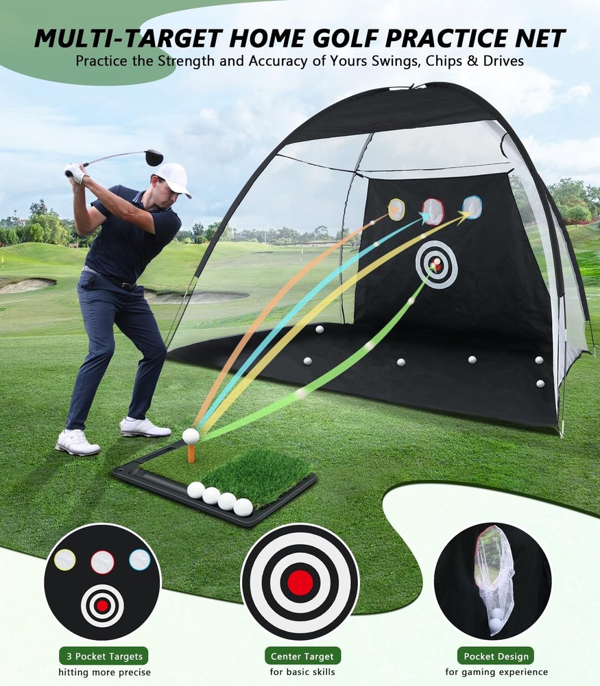 Golf Net for Hitting Practice, 10 x 7FT Golf Training Net with Mat and Target
