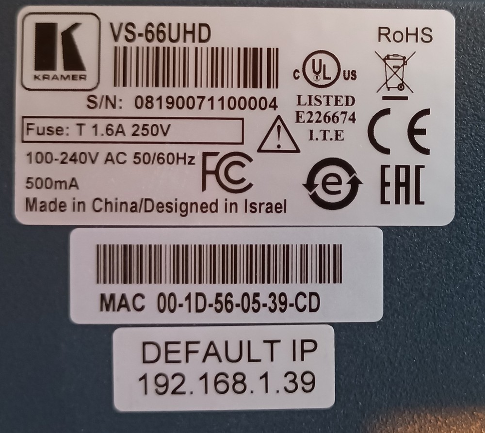 Kramer 6x6 UHD Matrix Switcher VS-66UHD 4K60 4:2:0 Rackmountable Tested