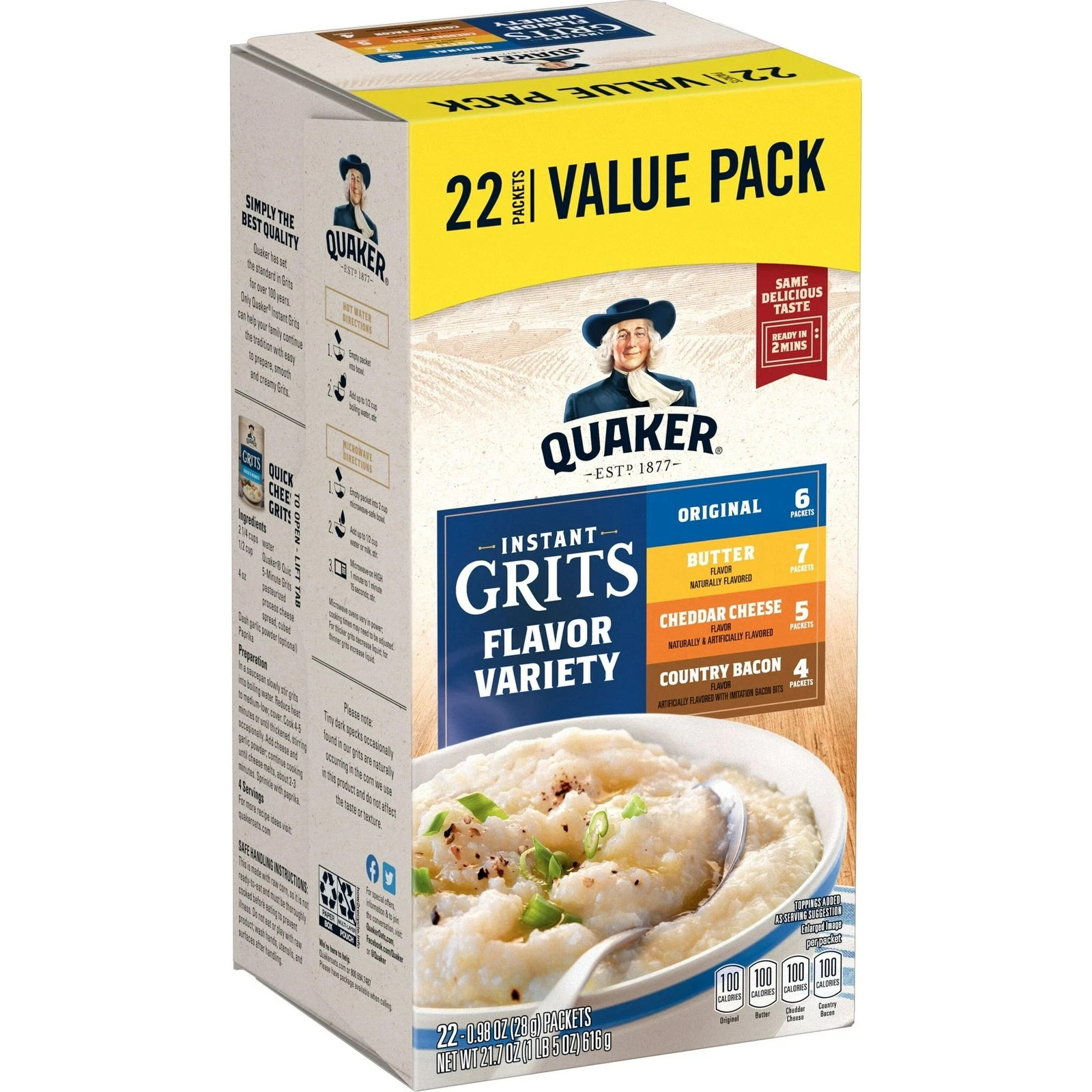 Quaker, Instant Grits Variety Pack, 0.98 oz, 22 Packets Free Shipping
