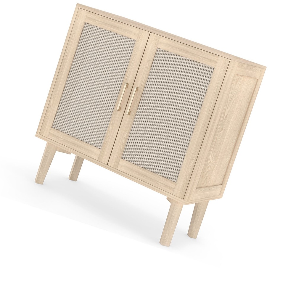 Buffet Cabinet With Rattan Decor Doors Solid Wood Feet Multifunctional PHPF