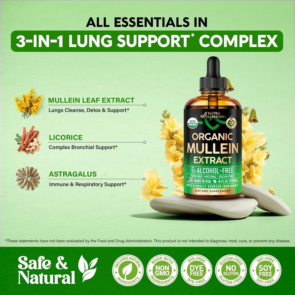 Mullein Drops for Lungs - USDA Organic Liquid - Mullein Leaf Extract Supplement