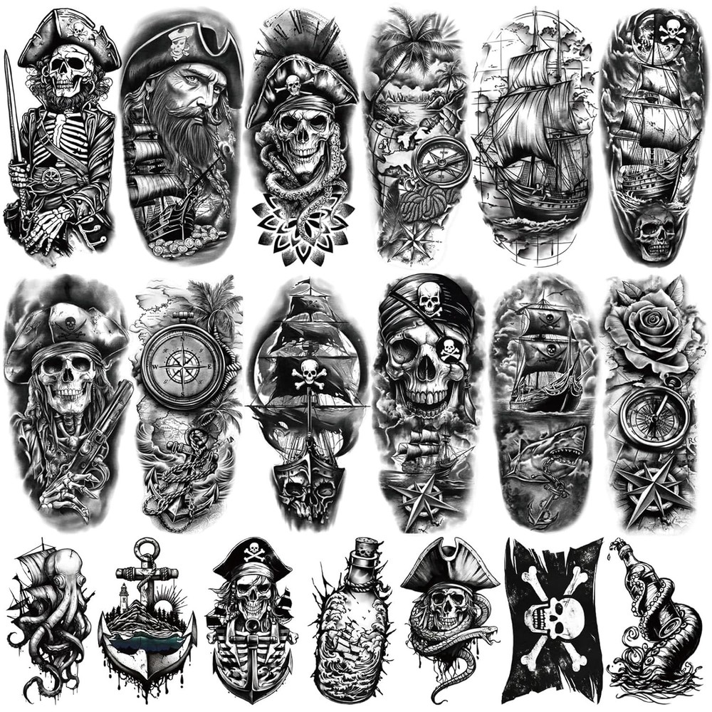 77 Sheets Pirate Temporary Tattoos Adult,Captain Anchor Compass