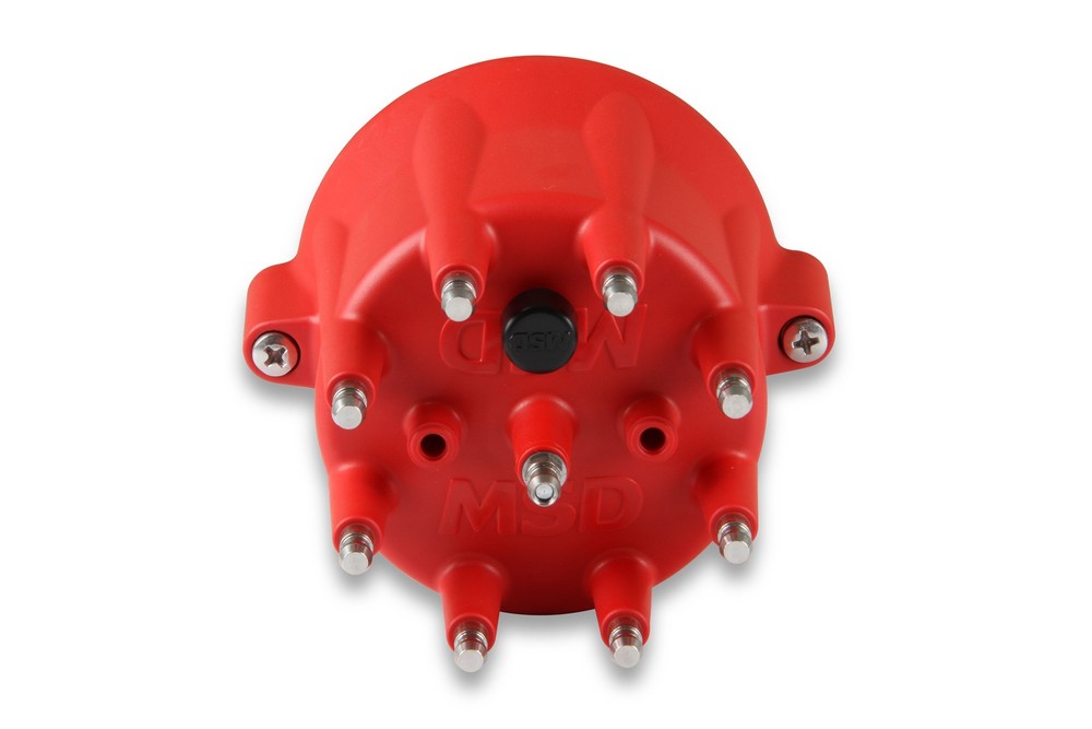 8433 MSD Distributor Cap - V8 - HEI Terminals - Red - Spark Plug Wire Retainer