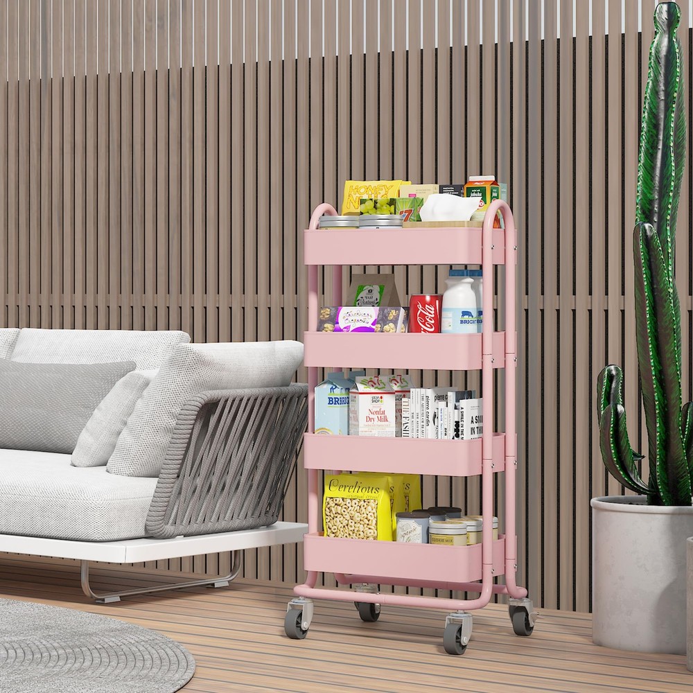 Pink 4-Tier Rolling Cart with Handle - Versatile Storage for Home & Office