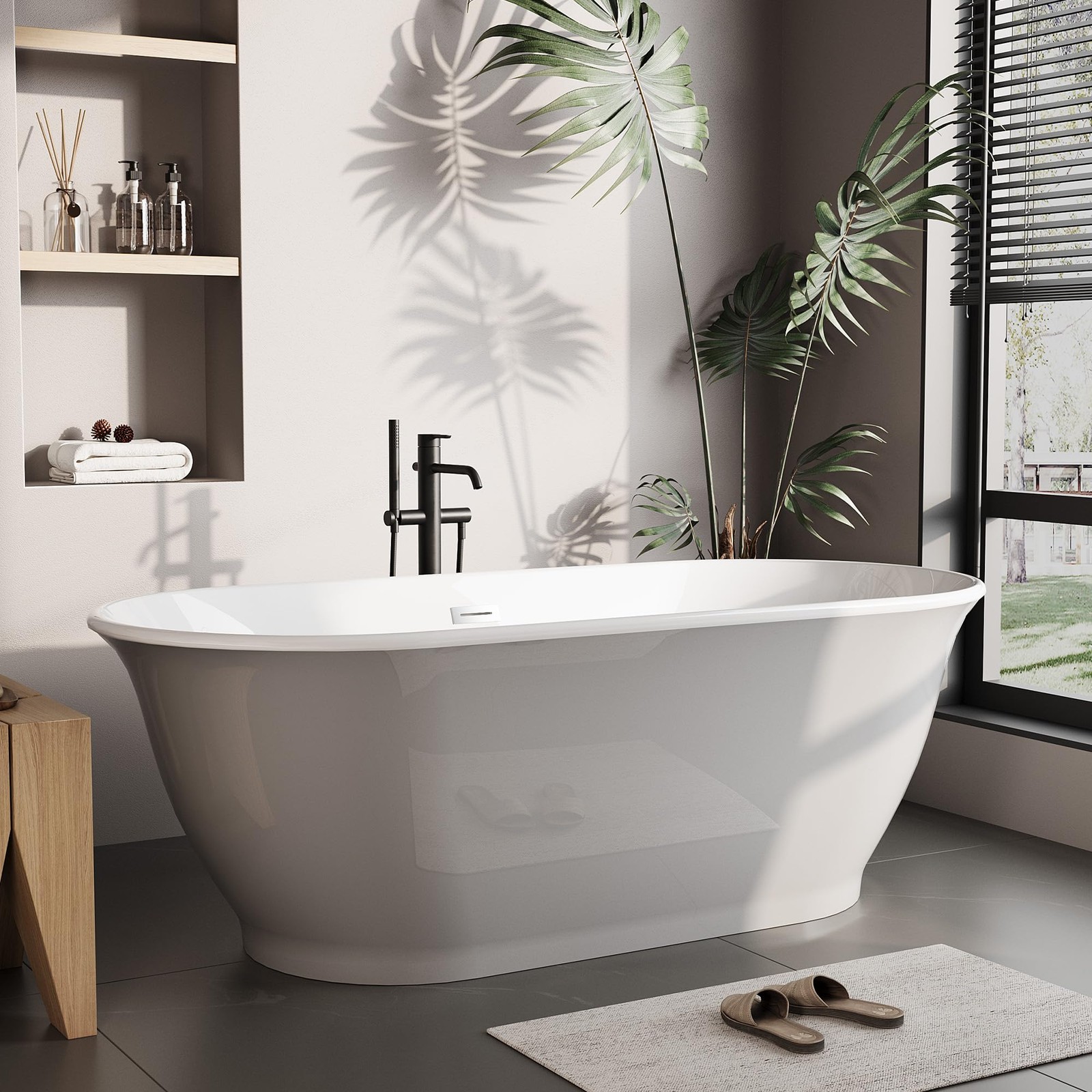 GarveeTech 67 in Freestanding Acrylic Bathtub, Luxury Oval-Shaped Soaking Tub.