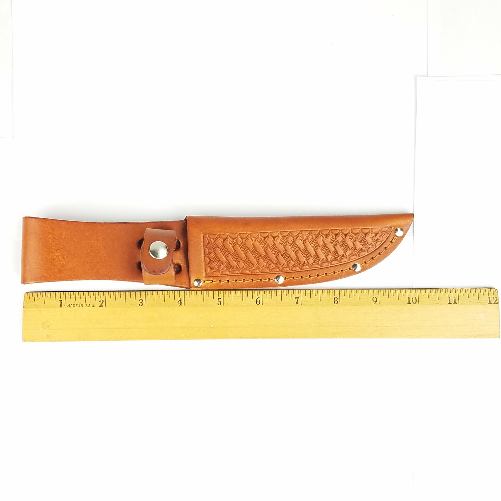 Sheath Straight Knife Brown Basketweave Leather Fits Up To 5" Blade 1134